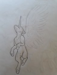 Size: 720x960 | Tagged: safe, artist:silentwolf-oficial, imported from derpibooru, oc, oc only, alicorn, pony, alicorn oc, eyes closed, flying, grayscale, horn, lineart, monochrome, solo, traditional art, wings