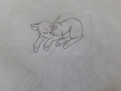 Size: 960x720 | Tagged: safe, artist:silentwolf-oficial, imported from derpibooru, oc, oc only, alicorn, pony, alicorn oc, eyes closed, grayscale, horn, lineart, lying down, monochrome, prone, sleeping, solo, traditional art, wings