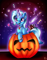 Size: 2143x2706 | Tagged: safe, artist:appleneedle, imported from derpibooru, trixie, pony, unicorn, bracelet, candy, chocolate, cute, diatrixes, ear piercing, earring, female, food, glowing horn, halloween, holiday, horn, jack-o-lantern, jewelry, knife, levitation, lollipop, magic, magic aura, mare, necklace, open mouth, piercing, pumpkin, pumpkin bucket, solo, telekinesis, trixie day