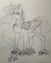 Size: 1673x2048 | Tagged: safe, artist:silentwolf-oficial, imported from derpibooru, princess luna, alicorn, pony, chest fluff, female, grayscale, hoof fluff, lineart, mare, monochrome, signature, solo, traditional art