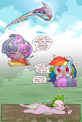 Size: 960x1440 | Tagged: safe, artist:cold-blooded-twilight, imported from derpibooru, rainbow dash, spike, twilight sparkle, dragon, pegasus, pony, unicorn, cold blooded twilight, comic:cold storm, blushing, clothes, cloud, comic, dialogue, female, flying, leggings, lesbian, looking at each other, quadrupedal spike, rainbow trail, running, shaking, shipping, smiling, speech bubble, speed lines, spread wings, sweat, twidash, unicorn twilight, wings