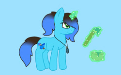 Size: 1280x800 | Tagged: safe, artist:alanadamoondemon15, imported from derpibooru, oc, oc only, pony, unicorn, blue background, female, glowing horn, horn, jewelry, magic, mare, necklace, paintbrush, simple background, solo, telekinesis, unicorn oc