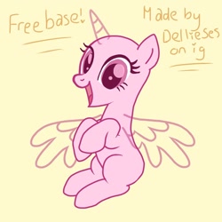 Size: 768x768 | Tagged: safe, artist:dellieses, imported from derpibooru, oc, oc only, alicorn, pony, alicorn oc, bald, base, colored hooves, eyelashes, horn, open mouth, simple background, sitting, smiling, solo, wings, yellow background