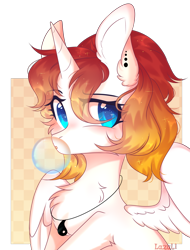 Size: 2432x3207 | Tagged: safe, artist:lazuli, artist:mint-light, imported from derpibooru, oc, oc only, alicorn, pony, alicorn oc, bubblegum, bust, chest fluff, commission, ear piercing, food, gum, horn, jewelry, necklace, piercing, signature, simple background, solo, transparent background, wings, ych result