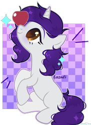 Size: 1704x2346 | Tagged: safe, artist:lazuli, artist:mint-light, imported from derpibooru, oc, oc only, pony, unicorn, apple, balancing, commission, eyelashes, food, heart eyes, horn, looking up, simple background, sitting, solo, transparent background, unicorn oc, wingding eyes, ych result