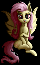 Size: 1600x2560 | Tagged: safe, artist:raphaeldavid, imported from derpibooru, fluttershy, bat pony, pony, bat ponified, bat wings, black background, fangs, female, flutterbat, front view, full face view, high res, looking at you, mare, open mouth, race swap, red eyes, simple background, smiling, solo, spread wings, wings