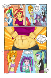 Size: 1387x2087 | Tagged: safe, artist:shimazun, imported from derpibooru, adagio dazzle, aria blaze, rainbow dash, sonata dusk, sunset shimmer, equestria girls, abs, adonis belt, alternate hairstyle, belly button, blue eyes, blushing, blushing profusely, breasts, cellphone, cleavage, clothes, comic, dialogue, drool, exercise ball, eyelashes, female, flirting, floating heart, gym, gym shorts, gym uniform, hair over one eye, heart, jealous, lesbian, locker room, lockers, midriff, muscles, muscular female, phone, pigtails, ponytail, purple eyes, red eyes, seductive, sexy, shaking, shipping, shirt, shirt lift, shoes, sneakers, socks, speech bubble, sports bra, stupid sexy sunset shimmer, sunsagio, sunset lifter, sweat, text, the dazzlings, twintails, water bottle, weight lifting, weights, wide hips, workout outfit