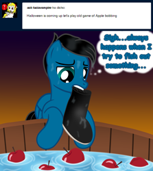 Size: 7200x8059 | Tagged: safe, artist:agkandphotomaker2000, imported from derpibooru, oc, oc:pony video maker, pegasus, pony, tumblr:pony video maker's blog, apple, apple bobbing, ask, boot, dialogue, dissapointed, food, show accurate, thought bubble, tumblr, water, wet, wet mane