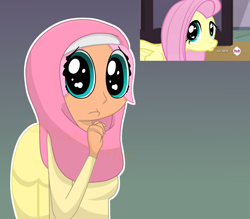 Size: 1750x1536 | Tagged: safe, artist:colorcodetheartist, imported from derpibooru, screencap, fluttershy, human, filli vanilli, big eyes, gradient background, humanized, islam, islamashy, pouting, pouty lips, religion, scene interpretation, screencap reference, solo, winged humanization, wings