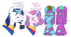 Size: 3781x1968 | Tagged: safe, artist:chub-wub, imported from derpibooru, princess flurry heart, shining armor, alicorn, pony, alternate hairstyle, armor, beard, blushing, camera, clothes, embarrassed, eyes closed, facial hair, father and child, father and daughter, fathers gonna father, female, glowing horn, goatee, grin, helmet, horn, levitation, magic, male, moustache, older, older flurry heart, one eye closed, royal guard, royal guard armor, shirt, simple background, smiling, suit, telekinesis, white background