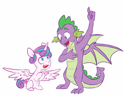 Size: 3073x2369 | Tagged: safe, artist:chub-wub, imported from derpibooru, princess flurry heart, spike, alicorn, dragon, pony, cute, duo, female, filly, male, older, older spike, open mouth, raised hoof, simple background, sitting, uncle spike, white background, winged spike, wings