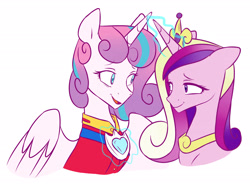 Size: 2481x1849 | Tagged: safe, artist:chub-wub, imported from derpibooru, princess cadance, princess flurry heart, alicorn, pony, alternate hairstyle, clothes, crown, duo, female, glowing horn, horn, jewelry, levitation, magic, mother and child, mother and daughter, older, older flurry heart, open mouth, regalia, shirt, simple background, suit, telekinesis, white background