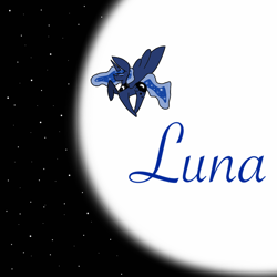 Size: 1080x1080 | Tagged: safe, artist:kittycatrittycat, imported from derpibooru, princess luna, alicorn, pony, cursive writing, cutie mark, eyes closed, flying, glow, glowing, horn, moon, solo, stars, wings