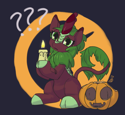 Size: 1200x1101 | Tagged: safe, alternate version, artist:brownie-bytes, imported from derpibooru, cinder glow, summer flare, kirin, candle, confused, female, halloween, head tilt, holiday, jack-o-lantern, mare, nightmare night, pumpkin, question mark, solo