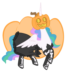 Size: 703x777 | Tagged: safe, artist:jargon scott, artist:threetwotwo32232, imported from derpibooru, princess celestia, alicorn, clothes, costume, halloween, halloween costume, holiday, jack-o-lantern, pumpkin, pumpkin head, raised hoof, skeleton costume, spread wings, wings