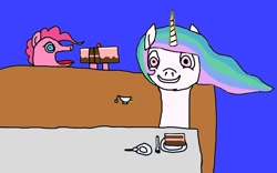 Size: 1280x800 | Tagged: safe, artist:lekonar13, imported from derpibooru, pinkie pie, princess celestia, alicorn, earth pony, 1000 hours in ms paint, cake, food, levitation, magic, restaurant, tea, telekinesis, wat