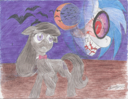 Size: 1096x850 | Tagged: safe, artist:semijuggalo, imported from derpibooru, dj pon-3, octavia melody, vinyl scratch, bat, pony, blood, floppy ears, moon, my roommate is a vampire, night, red eyes, traditional art, vinyl the vampire