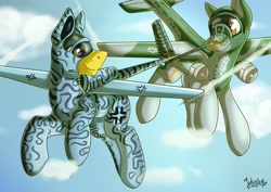 Size: 1600x1132 | Tagged: safe, artist:julunis14, imported from derpibooru, original species, plane pony, pony, cloud, commission, duo, heinkel he 162, luftwaffe, messerschmitt me 262, plane, signature, sky, smiling