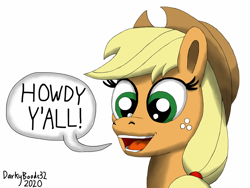 Size: 2048x1536 | Tagged: safe, artist:darkyboode32, derpibooru exclusive, imported from derpibooru, applejack, earth pony, pony, applejack's hat, bust, cowboy hat, female, happy, hat, open mouth, simple background, smiling, solo, speech bubble, talking to viewer, traditional art, white background