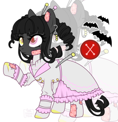 Size: 2815x2908 | Tagged: safe, artist:elberas, imported from derpibooru, oc, oc only, oc:plush patch, doll pony, earth pony, original species, pony, clothes, doll, dress, ear piercing, earring, female, heterochromia, jewelry, mare, markings, needle, paperclip, patch, piercing, pin, raised hoof, simple background, socks, solo, stockings, thigh highs, toy, white background, zoom layer