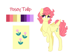 Size: 1280x932 | Tagged: safe, artist:doggie31, imported from derpibooru, oc, oc only, oc:posey tulip, pegasus, pony, color palette, cutie mark, female, flower, flower in hair, mare, offspring, parent:bulk biceps, parent:fluttershy, parents:flutterbulk, raised hoof, reference sheet, simple background, solo, transparent background