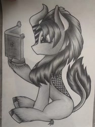 Size: 1080x1440 | Tagged: safe, imported from derpibooru, oc, oc only, kirin, book, monochrome, photo, sketch, solo, traditional art