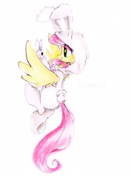 Size: 2154x2895 | Tagged: safe, artist:liaaqila, imported from derpibooru, angel bunny, fluttershy, pegasus, pony, rabbit, animal, animal costume, bunny costume, bunnyshy, clothes, costume, cute, footed sleeper, footie pajamas, kigurumi, onesie, pajamas, pet, shyabetes, simple background, traditional art, white background