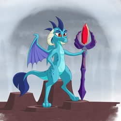 Size: 2560x2560 | Tagged: safe, artist:aquaticvibes, imported from derpibooru, princess ember, dragon, bloodstone scepter, dragon lord ember, dragoness, female, hand on hip, smiling, solo