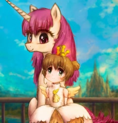 Size: 1728x1796 | Tagged: safe, artist:plotcore, imported from derpibooru, princess celestia, human, pony, duo, pink mane, pink-mane celestia, pony sized pony, sakura kinmoto, sakura kinomoto