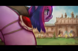 Size: 4000x2600 | Tagged: safe, artist:plotcore, imported from derpibooru, twilight sparkle, pony, castle, female, glowing horn, horn, jewelry, letterboxing, magic, royal guard, solo, subtitles