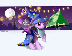 Size: 4136x3256 | Tagged: safe, artist:vinilyart, imported from derpibooru, spike, twilight sparkle, dragon, pony, unicorn, clothes, costume, cute, dragon costume, dragons riding ponies, duo, halloween, halloween costume, holiday, lantern, male, mare in the moon, moon, night, nightmare night, riding, spikabetes, spike riding twilight, star swirl the bearded costume, twiabetes, unicorn twilight