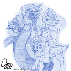 Size: 600x600 | Tagged: safe, artist:omny87, imported from derpibooru, nightmare moon, princess celestia, princess luna, dragon, lamia, original species, taur, clothes, costume, dragontaur, halloween, holiday, lamiafied, nightmare night, pumpkin bucket, sketch, species swap