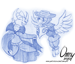 Size: 600x511 | Tagged: safe, artist:omny87, imported from derpibooru, gallus, smolder, dragon, griffon, vampire, cloak, clothes, costume, dress, duo, halloween, halloween costume, hat, holiday, mask, monochrome, nightmare night costume, plague doctor, simple background, white background