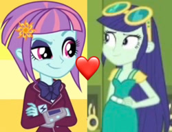 Size: 960x736 | Tagged: safe, imported from derpibooru, screencap, blueberry cake, sunny flare, equestria girls, background human, heart, shipping, shipping domino, sunnycake