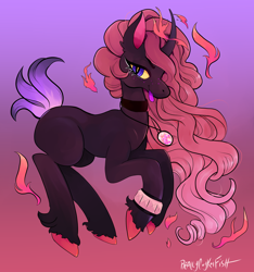 Size: 3776x4026 | Tagged: safe, artist:reallycoykoifish, imported from derpibooru, unicorn, curved horn, dark skin, fire magic, hooves, horn, jewelry, magic, necklace, short tail, teasing, tongue out