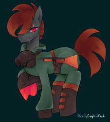 Size: 2105x2327 | Tagged: safe, artist:reallycoykoifish, imported from derpibooru, earth pony, pony, clothes, commission, face mask, face scar, facial scar, gas mask, gun, mask, military, red eyes, scar, shoes, weapon