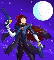 Size: 5000x5620 | Tagged: safe, artist:gatodraw, artist:rsa.fim, imported from derpibooru, oc, oc:whisper hope, human, bayonetta, bayonetta (character), clothes, cosplay, costume, female, full moon, gun, humanized, humanized oc, moon, red eyes, ribbon, simple background, smiling, solo, weapon