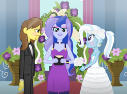 Size: 2917x2169 | Tagged: safe, artist:grapefruitface1, imported from derpibooru, princess luna, trixie, oc, oc:grapefruit face, equestria girls, blushing, bowtie, canon x oc, clothes, dress, female, grapexie, male, marriage, shipping, show accurate, straight, trixie day, tuxedo, vice principal luna, wedding dress