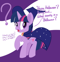Size: 1458x1500 | Tagged: safe, artist:notadeliciouspotato, imported from derpibooru, twilight sparkle, alicorn, pony, abstract background, cape, clothes, confused, costume, dialogue, female, frown, halloween, hat, holiday, mare, open mouth, question mark, raised hoof, solo, speech bubble, talking, twilight sparkle (alicorn), witch costume, witch hat