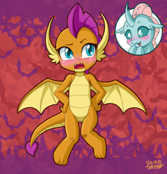 Size: 1000x1042 | Tagged: safe, alternate version, artist:uotapo, imported from derpibooru, ocellus, smolder, changedling, changeling, dragon, blushing, changeling x dragon, cute, female, lesbian, open mouth, shipping, smolcellus, uotapo is trying to murder us, weapons-grade cute