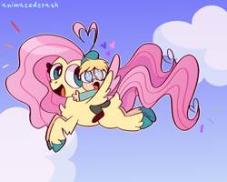 Size: 1000x800 | Tagged: safe, artist:rubyg242, imported from derpibooru, fluttershy, pegasus, pony, butters stotch, crossover, flying, humans riding ponies, riding, south park