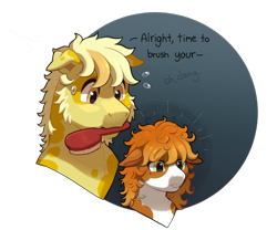 Size: 780x650 | Tagged: safe, artist:lastnight-light, imported from derpibooru, oc, oc only, oc:cheddar cheese, oc:colby jack, earth pony, pony, brush, colt, male, mouth hold, simple background, transparent background