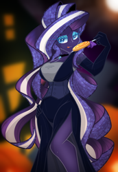 Size: 2200x3200 | Tagged: safe, artist:geraritydevillefort, imported from derpibooru, nightmare rarity, equestria girls, beautisexy, candy, choker, clothes, dress, equestria girls-ified, evening gloves, food, gloves, halloween, holiday, lollipop, long gloves, looking at you, nightmare night, sexy, side slit, tongue out