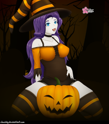 Size: 1251x1420 | Tagged: safe, artist:clouddg, imported from derpibooru, rarity, equestria girls, clothes, costume, female, halloween, halloween costume, hat, holiday, kneeling, multiple variants, open mouth, pumpkin, socks, solo, striped socks, thigh highs, witch, witch hat