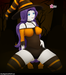 Size: 1251x1420 | Tagged: safe, alternate version, artist:clouddg, imported from derpibooru, rarity, equestria girls, breasts, busty rarity, cleavage, clothes, costume, female, halloween, halloween costume, hat, holiday, kneeling, looking at you, multiple variants, socks, solo, stocking feet, striped socks, thigh highs, witch, witch hat