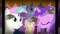 Size: 1920x1080 | Tagged: safe, imported from derpibooru, screencap, amethyst star, fluttershy, sparkler, twinkleshine, pegasus, pony, spider, unicorn, scare master, female, magic, mare, telekinesis