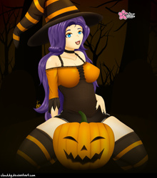 Size: 1251x1420 | Tagged: safe, alternate version, artist:clouddg, imported from derpibooru, rarity, human, equestria girls, clothes, costume, female, halloween, halloween costume, hat, holiday, human coloration, humanized, kneeling, multiple variants, open mouth, pumpkin, socks, solo, striped socks, thigh highs, witch, witch hat