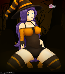 Size: 1251x1420 | Tagged: safe, alternate version, artist:clouddg, imported from derpibooru, rarity, human, equestria girls, breasts, busty rarity, cleavage, clothes, costume, female, halloween, halloween costume, hat, holiday, human coloration, humanized, kneeling, looking at you, multiple variants, open mouth, socks, solo, stocking feet, striped socks, thigh highs, witch, witch hat