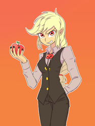 Size: 1620x2160 | Tagged: safe, artist:haibaratomoe, imported from derpibooru, applejack, equestria girls, apple, arm behind back, clothes, dracula, female, food, orange background, red eyes, simple background, solo, suit