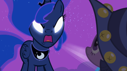 Size: 1280x720 | Tagged: safe, imported from derpibooru, screencap, princess luna, twilight sparkle, alicorn, pony, unicorn, luna eclipsed, female, glowing eyes, mare, star swirl the bearded costume, traditional royal canterlot voice